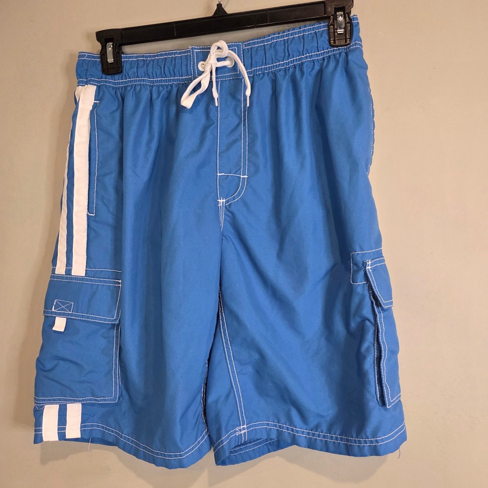 Blue Cargo Board Shorts Mens Medium Swim Trunks Elastic Waist Surf Beachwear